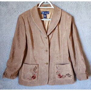 Susan Graver Stretch 3-Button Blazer Brown Faux Suede Embroidery Stitching Sz M